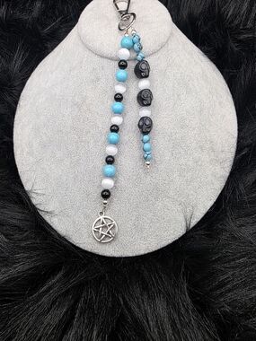 Turquoise & Black Beaded Bag Charm with Silver Pentagram Charm